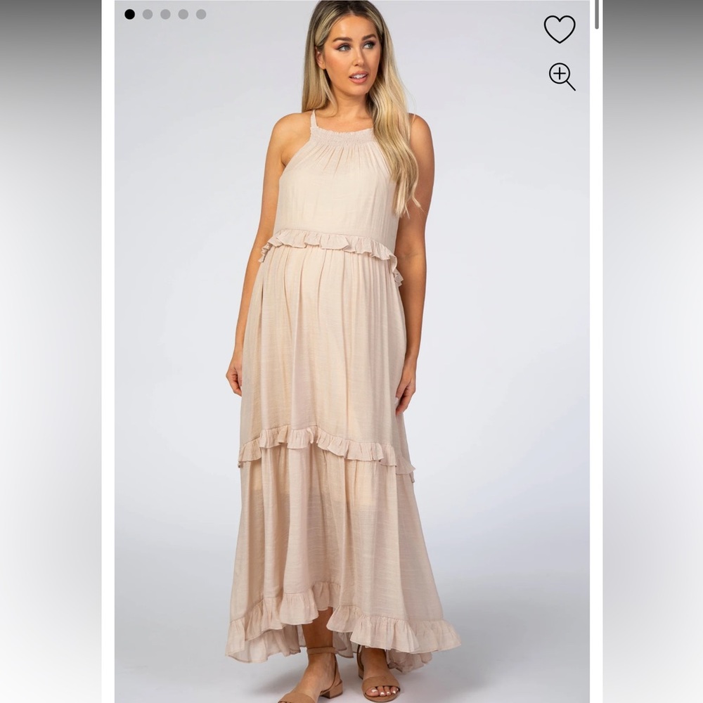 Beige Halter Neck Ruffle Trim Maternity Maxi Dress